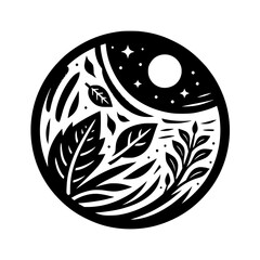 Yin-Yang Symbol: A stylized illustration depicting the balance of nature, featuring leaves and celestial elements within a circular frame. The night sky complements botanical details.