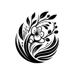 Elegant Black and White Floral Mandala: Delicate Sakura Blossom and Foliage Composition, Vector Art, Minimalist Design.