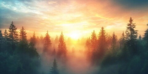 Obraz premium Nature awakens as the sun rises above the mist.