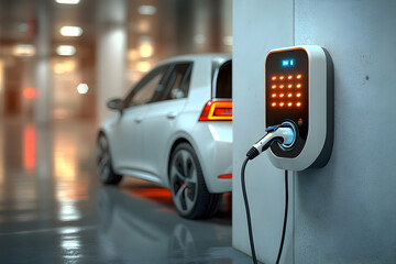 Fototapeta premium Electric car charging at a public station in a garage, near white vehicle