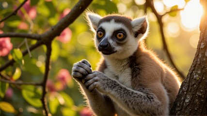 Obraz premium Two lemurs are sitting on a tree branch, one of them is eating a leaf