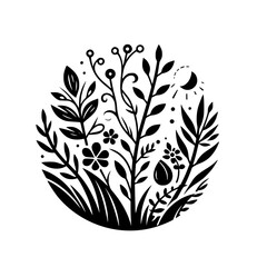 A minimalist black and white circular illustration featuring various stylized botanical elements, including leaves, flowers, grass, and a sun and moon.
