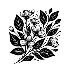 Intricate Black and White Floral Design, Illustrating Blooming Flowers and Lush Foliage, on a Clean White Background with a Simple, Elegant Aesthetic.