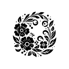 Elegant Black and White Floral Wreath Design Composed of Detailed Flower and Leaf Silhouettes.