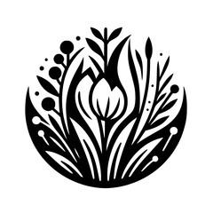 Stylized Black and White Floral Emblem: A symmetrical arrangement of tulip, leaves, berries, and grass-like elements, enclosed within a circular frame, suggesting elegance and a minimalist design.