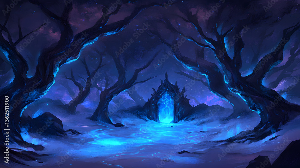 Poster a mystical forest scene with glowing trees and a mysterious portal, set against a starry night sky, 
