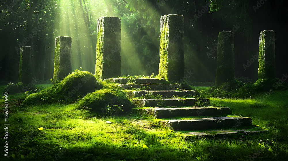 Poster A mystical stone circle surrounded by lush greenery, with beams of light illuminating the ancient site, creating an enchanting atmosphere