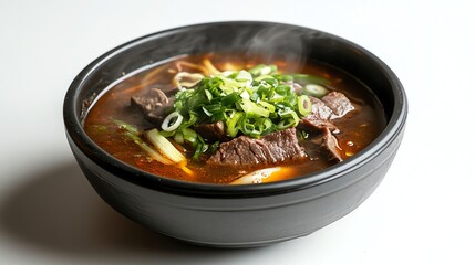 Serving Hot Beef Noodle Soup with Green Onion Toppings in Bowl