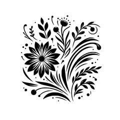 Elegant Black and White Floral Arrangement: A Detailed Composition of Bold Flower, Leaves, and Decorative Swirls on a Pure White Background.