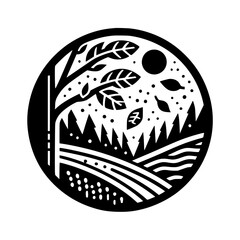 Black and White Circular Illustration of a Landscape Depicting a Tree, Hills, and Falling Leaves.