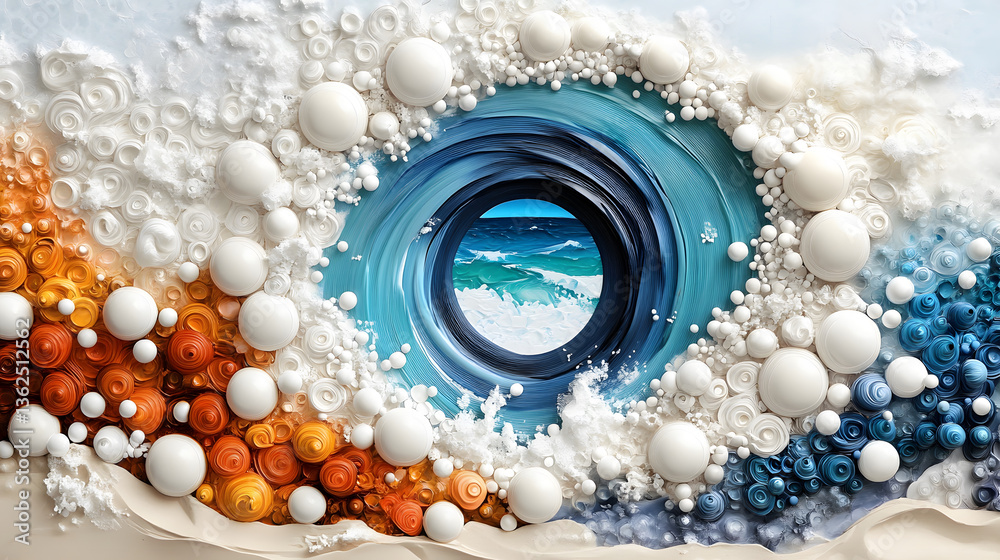 Poster an abstract representation of ocean waves, featuring swirls of blue, white, and orange textures, evo