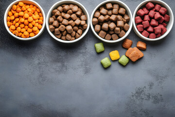 Pet food. Natural products on grey table, top view. Space for text