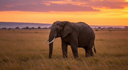 Obraz premium Elefante solitario en la llanura al atardecer, vida salvaje, naturaleza hermosa