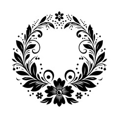 Intricate Black Floral Wreath: A symmetrical design of stylized leaves, blossoms, and swirls, forming a circular pattern on a clean white background, elegant and decorative.