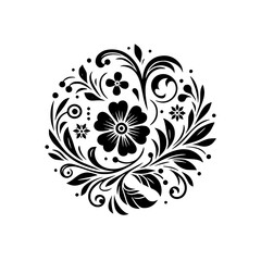 Intricate Black and White Floral Mandala, Circular Composition with Flowers, Leaves, Swirls, and Dots on a White Background.