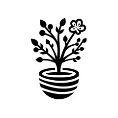 Minimalist Black and White Illustration: A stylized potted plant with leaves, buds, and a single flower, rendered with clean lines against a stark white backdrop.