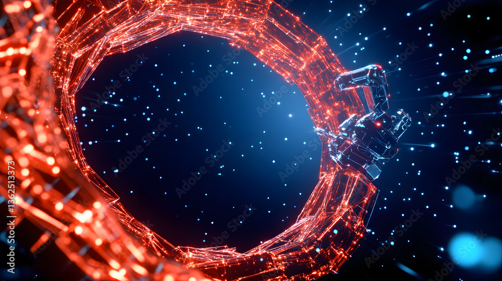 Poster A futuristic robotic arm interacts with a glowing, circular structure, surrounded by vibrant particles in a digital space