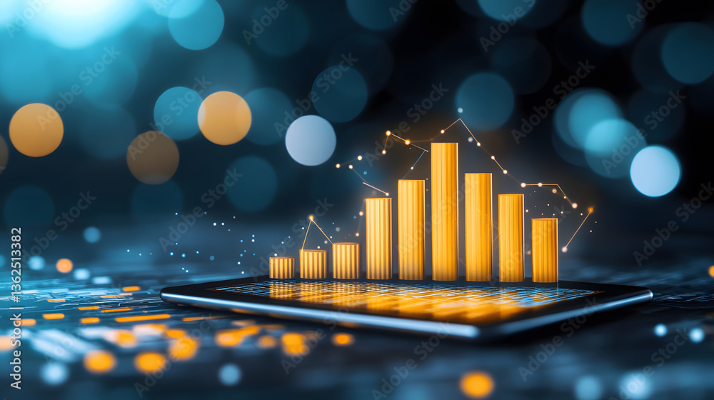 Poster a sleek tablet displays a vibrant bar graph, symbolizing data analysis, against a blurred blue backg