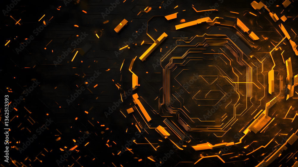 Aufkleber A dark, futuristic abstract design featuring golden circuitry patterns radiating from the center, creating a high-tech visual effect