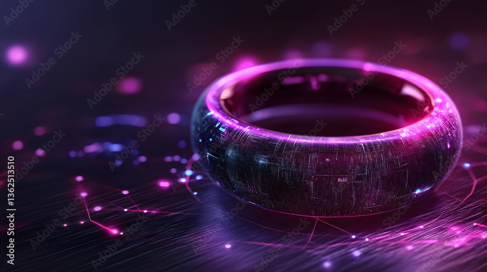 Poster a futuristic glowing ring with a vibrant purple design, surrounded by a digital network of lines and