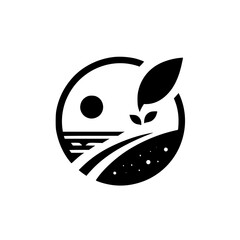 Abstract monochrome logo depicting a circular landscape with a sun, water, a path, and leaves, suggesting nature, sustainability, or a green initiative.
