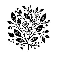 Elegant Black and White Floral Illustration: A symmetrical arrangement of stylized flowers, leaves, and berries, presented in a circular design on a pristine white background.