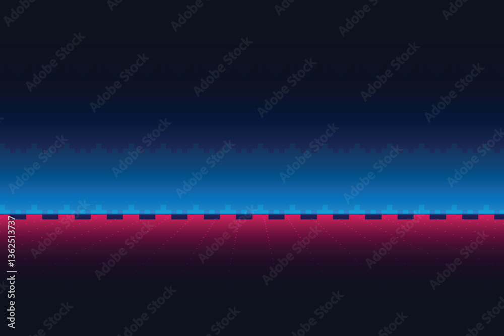 Wall mural retro cyberpunk style 80s game scene pixel art 8-bit sci-fi background. glowing neon grid and stars 