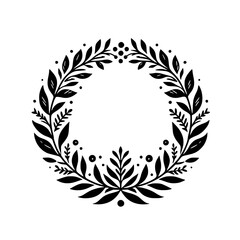 Elegant Black and White Circular Floral Wreath: A Minimalist Design Featuring Leaves and Berries, Perfect for Invitations and Decorative Elements.