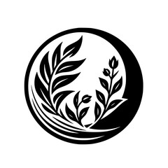 A symmetrical black and white illustration of botanical elements, featuring leaf-like shapes arranged within a circular frame, evoking elegance and minimalism.