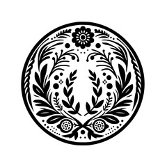 Intricate Black and White Floral Mandala Design Featuring a Central Flower, Leafy Branches, and Decorative Dots, All Within a Circular Border.