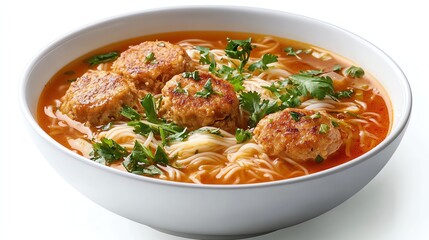 Delicious Meatball Noodle Soup in a White Bowl Garnished with Parsley