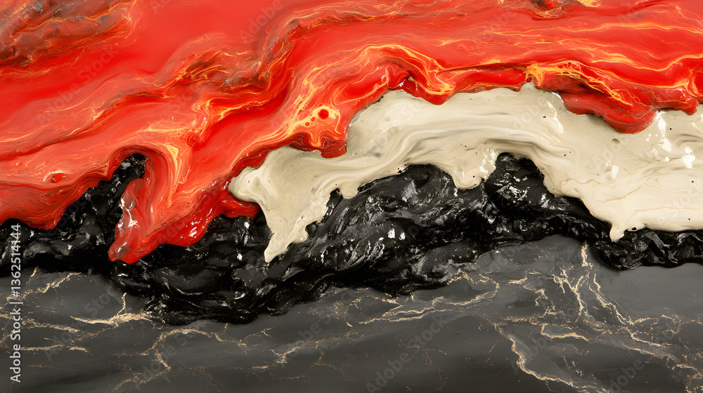 Poster a vibrant abstract artwork featuring swirling red, black, and gold textures that create a dramatic a