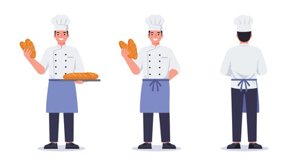 Chef holding bread with tray in flat vector illustration style