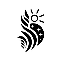 Abstract graphic of celestial bodies: a stylized sun, stars, and curved forms, suggesting a symbolic representation of day and night or cosmic harmony, in monochrome.
