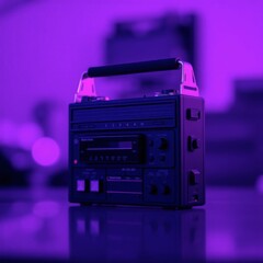 Obraz premium Retro Radio Cassette Player Lit with Neon Purple Lighting Creates Nostalgia