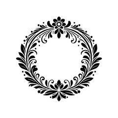 Intricate Black Floral Wreath on White Backdrop: A symmetric design of stylized leaves, curls and flower elements in a symmetrical circular arrangement, evoking elegance and grace.