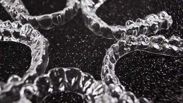 Invisible dental teeth brackets tooth aligners on black background. Plastic braces dentistry retainers to straighten teeth.
