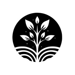 Minimalist Black and White Emblem: A stylized tree with leaves and roots encircled by a dark background and a bright background.