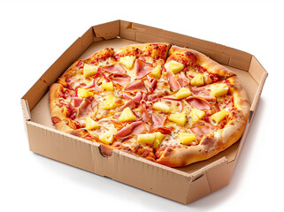 Pizza with pineapple and ham, presented in a cardboard box against a white background