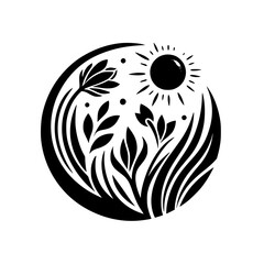A monochrome circular illustration featuring a stylized garden scene within a black outline: sun, flowers, leaves, and grass.