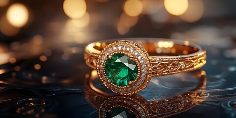 Exquisite emerald ring with intricate gold detailing on a reflective surface