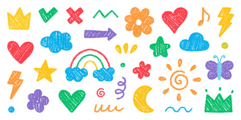 Chalk pencil cute kid doodle set. Childish scribble crayon rainbow, stars, flower, heart, crown in sketch style. Grunge texture. Hand drawn vector illustration isolated on white background