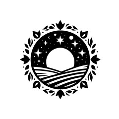 A stylized, circular emblem featuring a moonlit night scene above rolling hills, encircled by a botanical border of leaves and stylized flowers.