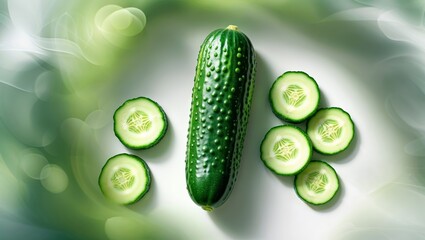 Fresh cucumber sliced into rounds on a light background with a green blur, highlighting its texture and freshness