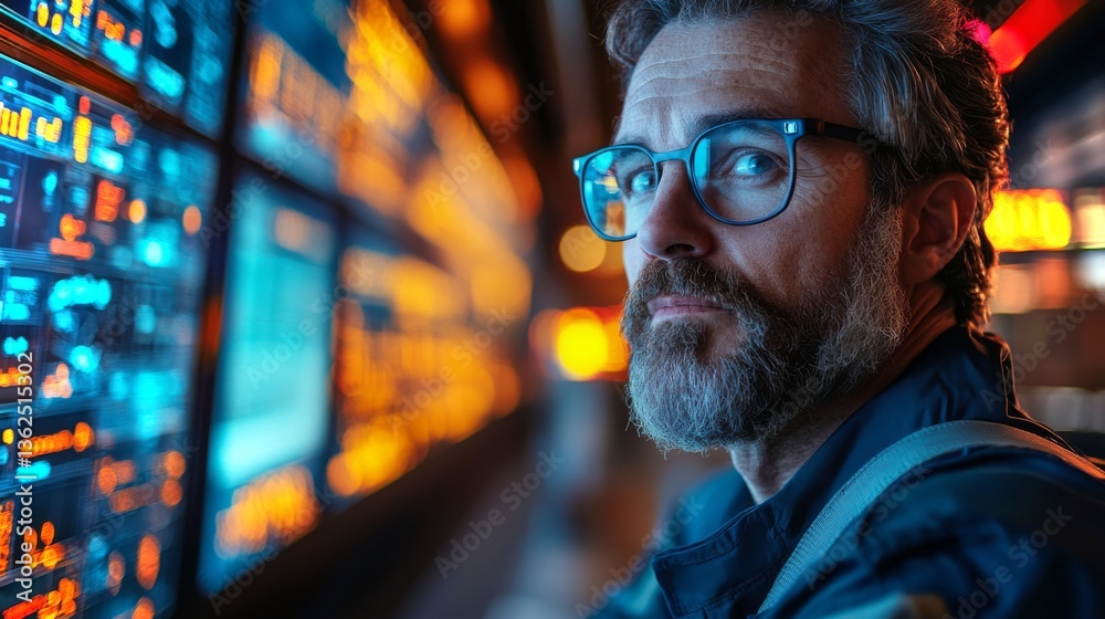Aufkleber A man with glasses closely monitors multiple screens displaying data related to logistics, transportation, and security operations at a busy checkpoint during the day.