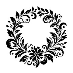 Elegant Black and White Floral Wreath Design: A symmetrical and detailed artistic representation featuring stylized leaves, flourishes, and a central floral element, perfect for design.