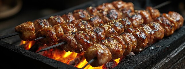 Xinjiang lamb skewers sizzling over charcoal flames with dripping fat illuminated by embers, documentary style capture prioritizing fire dynamics for culinary branding