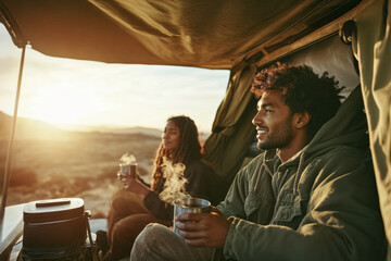 Couple enjoying morning coffee in a camping tent at sunrise, AI-generated