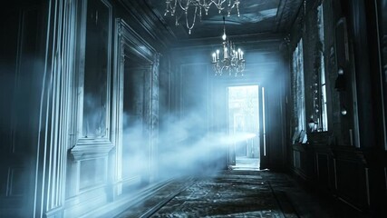 Eerie Hallway Scene with Ghostly Figure and Chandelier Lighting for Spooky Storytelling - Powered by Adobe