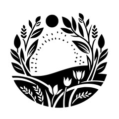 A Black and White Circular Floral Illustration Featuring a Sun, Fields, and Diverse Plant Life, Embodying Nature's Simplicity.
